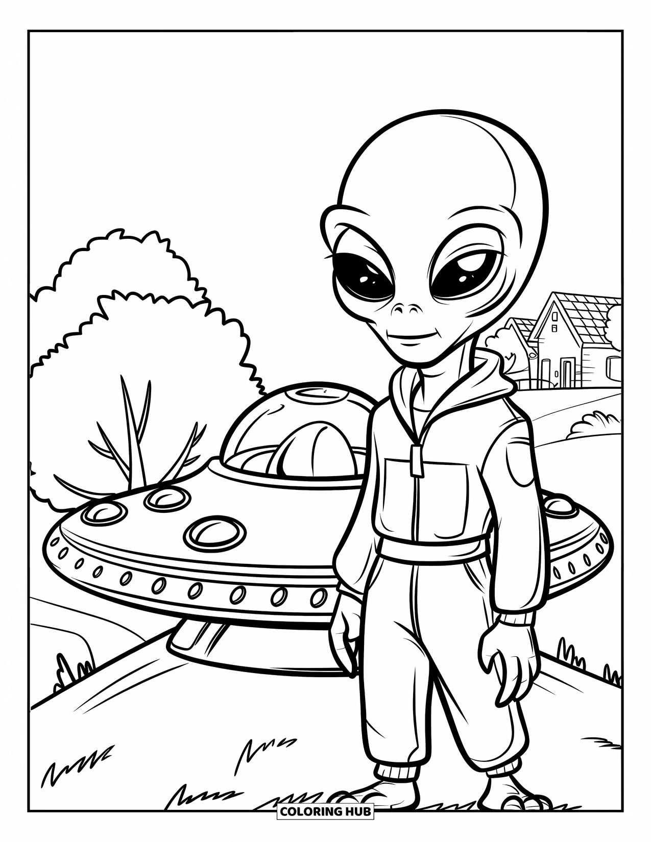 Desenho de alienígena para colorir para crianças: Alienígena está ao lado de um OVNI com cúpula em uma colina gramada