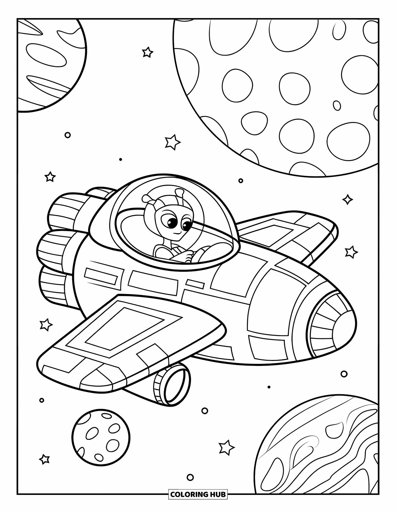 Desenho de alienígena para colorir para crianças: Alienígena pilota uma nave espacial passando por planetas no profundo espaço estrelado