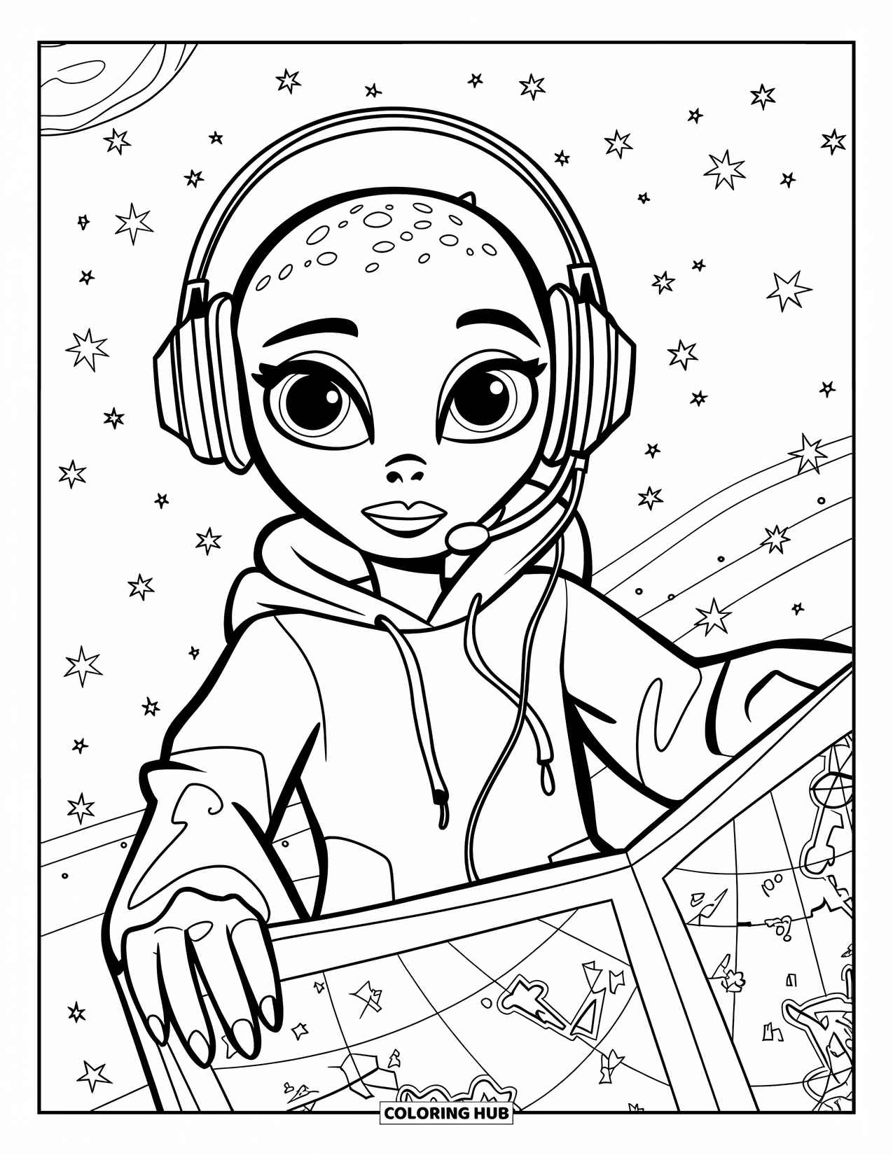 Desenho de alienígena para colorir para crianças: Adolescente alienígena flutua no espaço estrelado, ouvindo música e lendo um mapa estelar