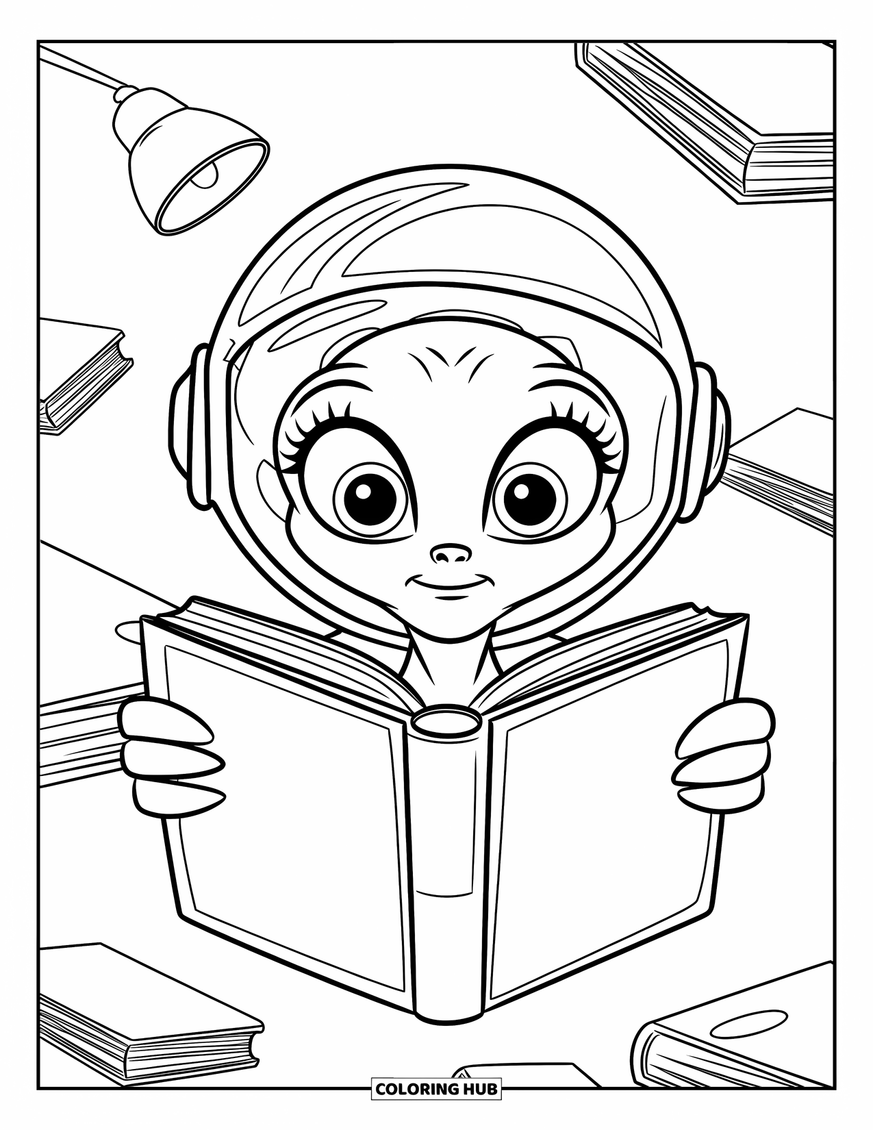 Desenho de alienígena para colorir para crianças: Alienígena com olhos grandes lê um livro no ar, cercado por itens flutuantes