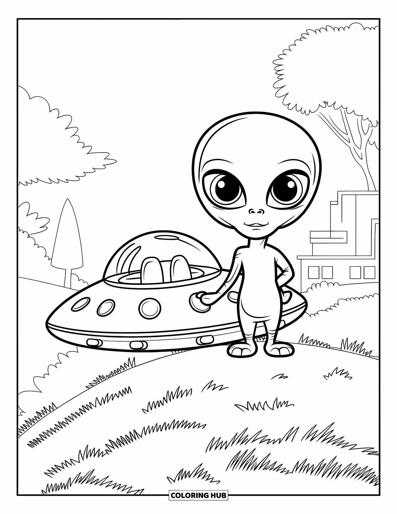 Desenho de alienígena para colorir para crianças: Alienígena com olhos grandes está ao lado de um disco voador em uma encosta gramada