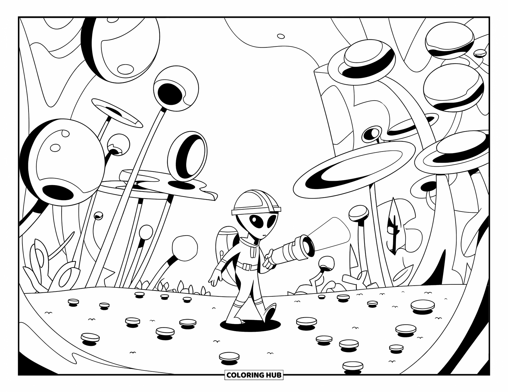 Desenho de alienígena para colorir para crianças: Alienígena com lanterna explora uma floresta surreal de formas e céus abertos