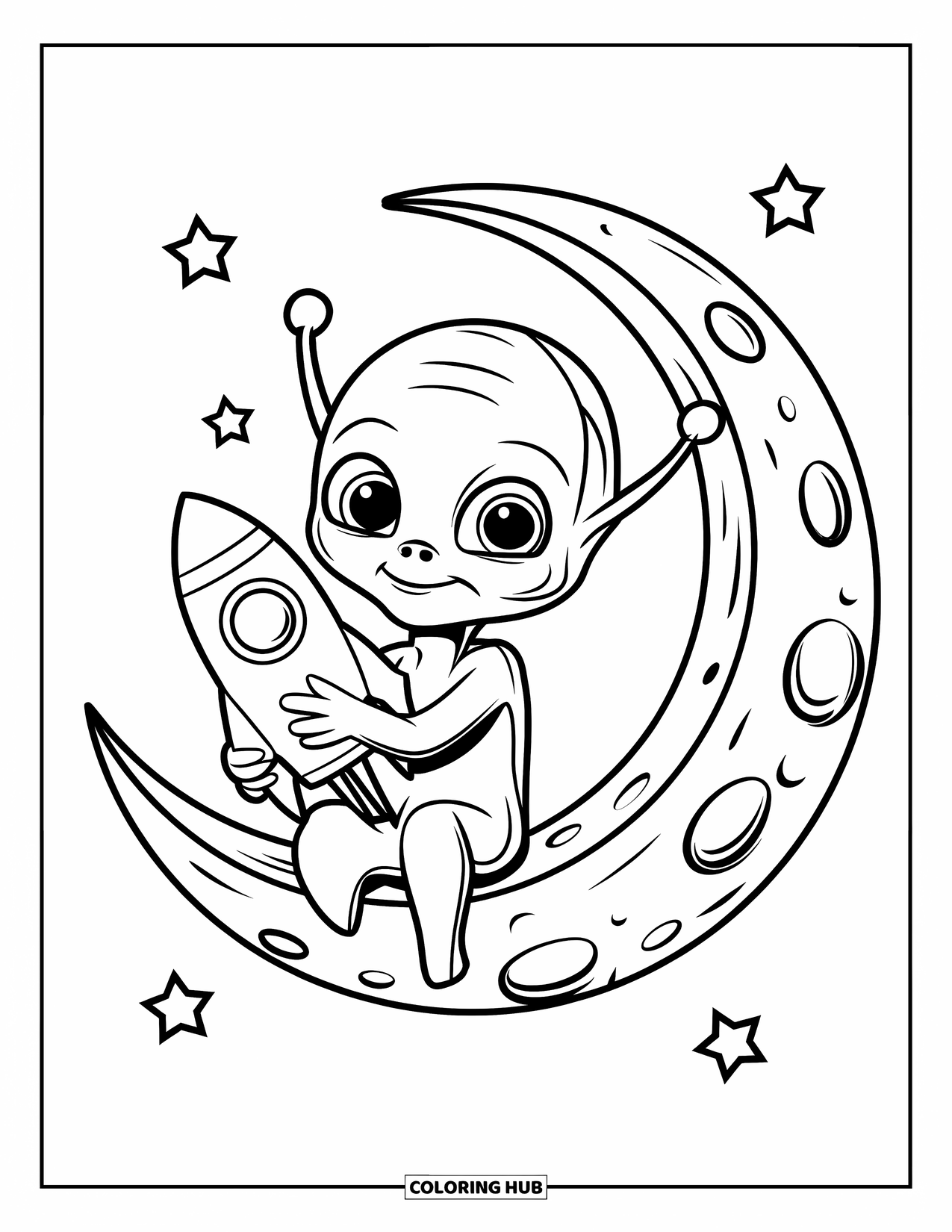 Desenho de alienígena para colorir para crianças: Alienígena com olhos grandes abraça um foguete de brinquedo enquanto está sentado em uma lua craterada sob as estrelas