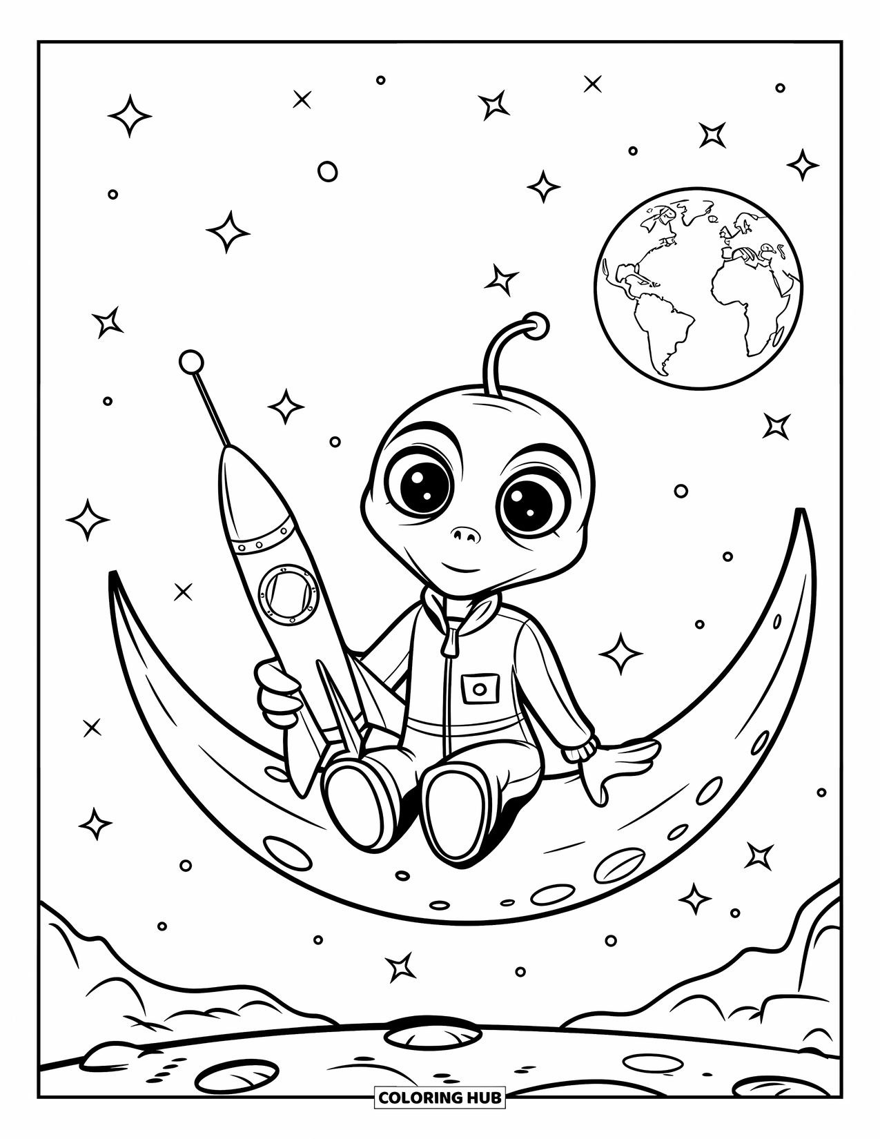 Desenho de alienígena para colorir para crianças: Alienígena de olhos grandes em um macacão vermelho segura um foguete na lua com a Terra e estrelas atrás