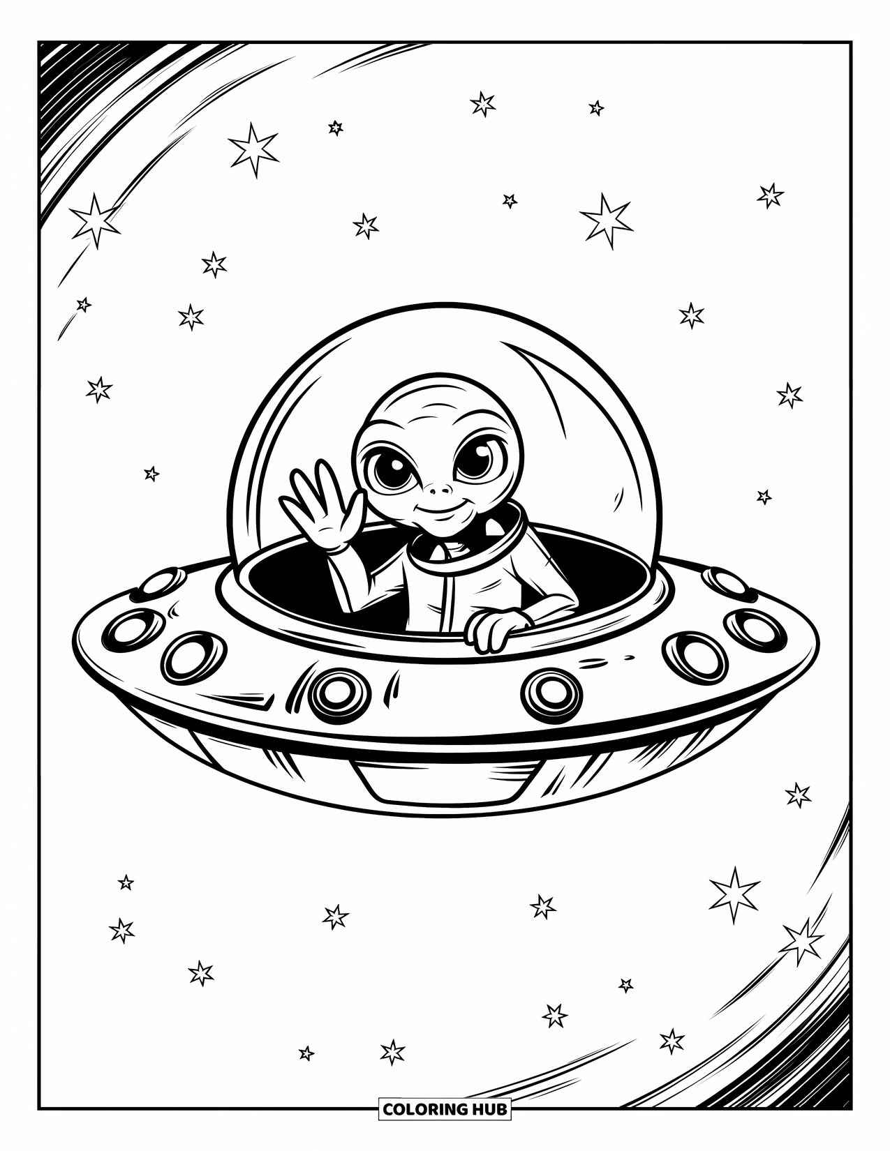 Desenho de alienígena para colorir para crianças: Alienígena de olhos grandes em um terno acena de um disco voador voando através de um céu estrelado branco