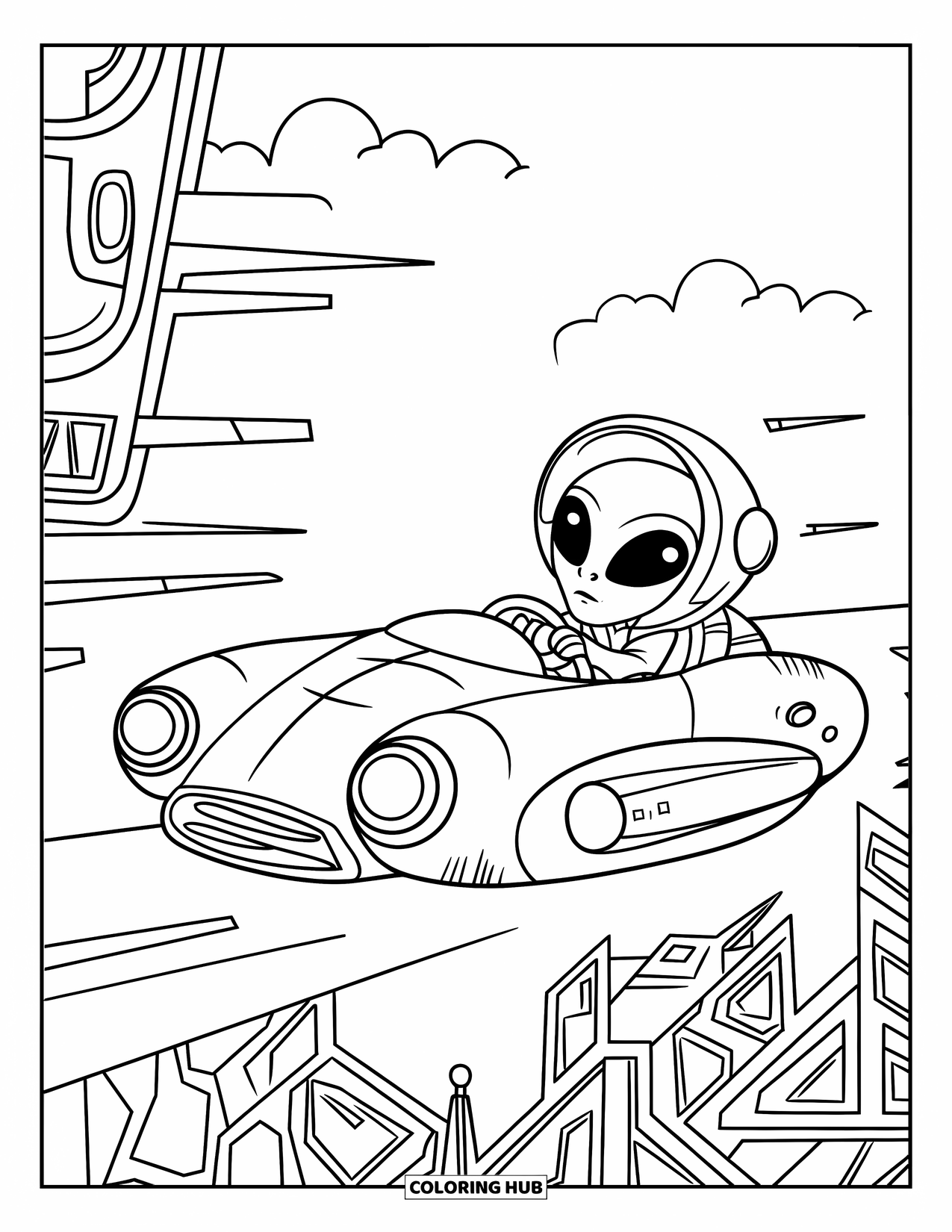 Desenho de alienígena para colorir para crianças: Alienígena de olhos grandes acelera em um carro voador entre torres flutuantes e céus nublados