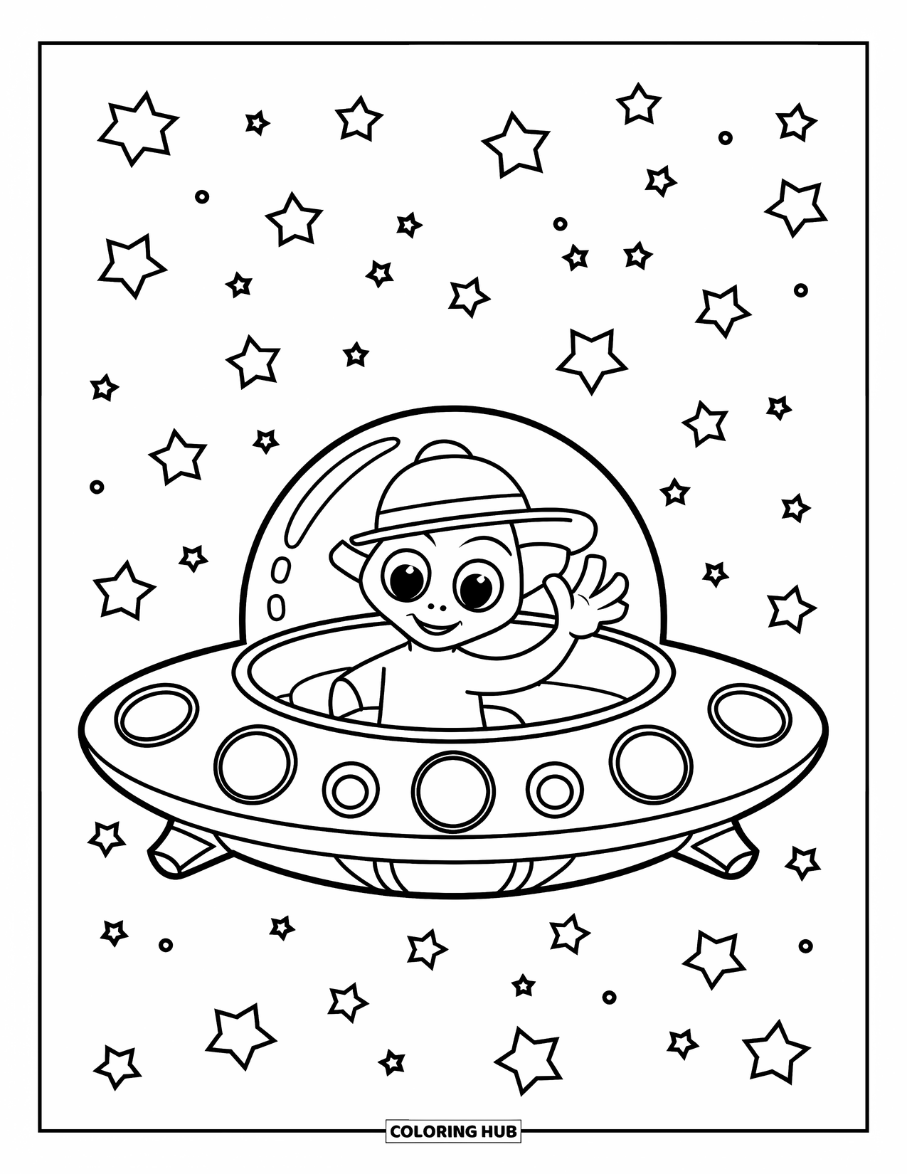 Desenho de alienígena para colorir para crianças: Alienígena alegre usando um chapéu acena de um disco voador voando através de um céu estrelado