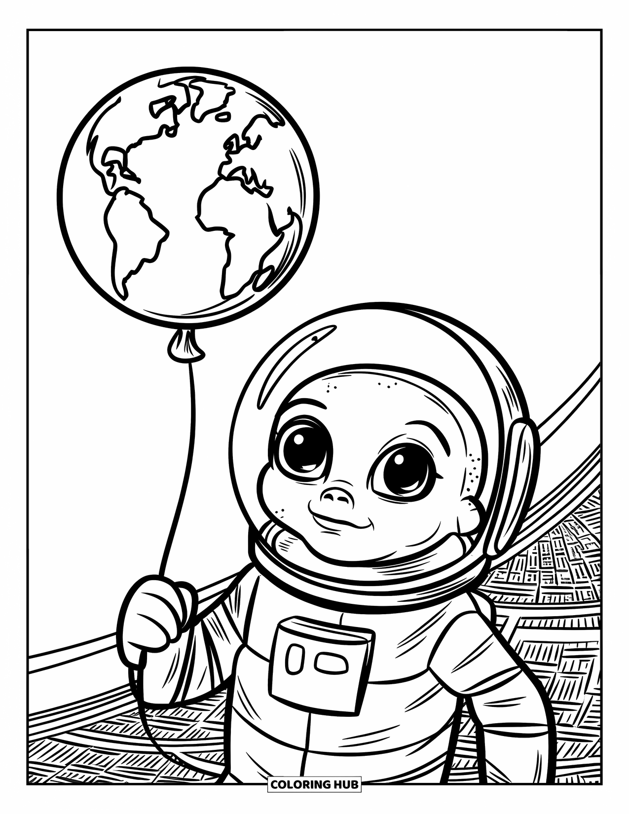 Desenho de alienígena para colorir para crianças: Alienígena gordinho em um capacete segura um balão em forma de planeta, flutuando acima de um fundo texturizado