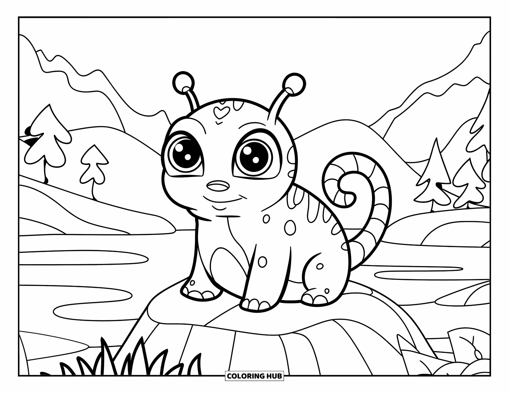 Desenho de alienígena para colorir para crianças: Alienígena de estimação gordinho com olhos grandes e cauda encaracolada senta-se em uma rocha