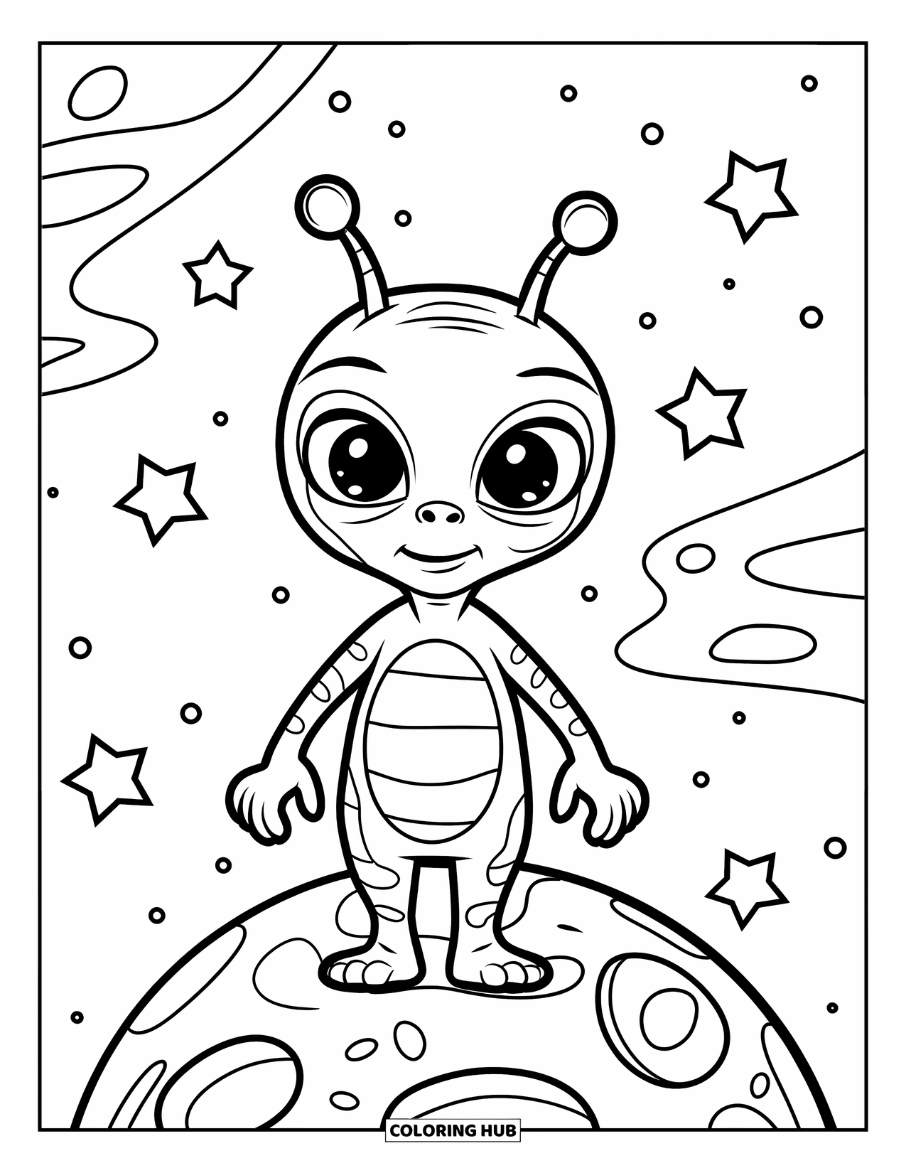 Desenho de alienígena para colorir para crianças: Planeta craterado sob os pés, alienígena com antenas está entre as estrelas