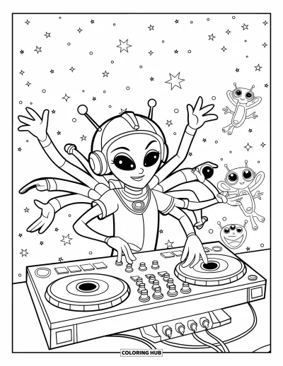Űrlény kifestő gyerekeknek: DJ-zöny csillagos táncteret zsúfolt teli űrlényekkel és hangjegyekkel