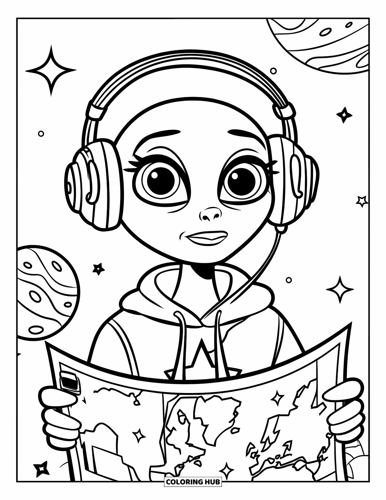 Desenho de alienígena para colorir para crianças: Adolescente alienígena de capuz com fones de ouvido flutua acima de um planeta brilhante
