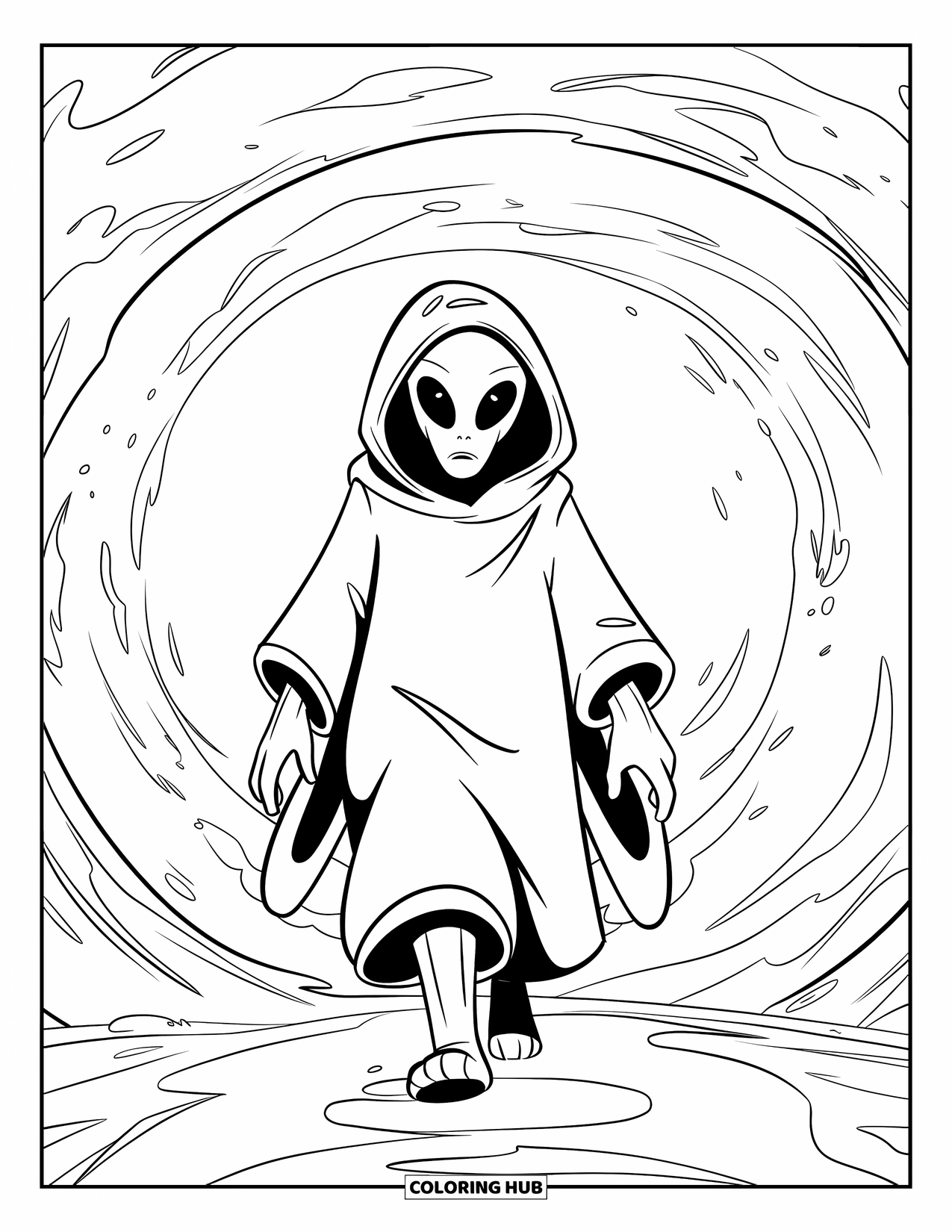 Desenho de alienígena para colorir para crianças: Alienígena misterioso em um manto caminha através de um portal de energia brilhante