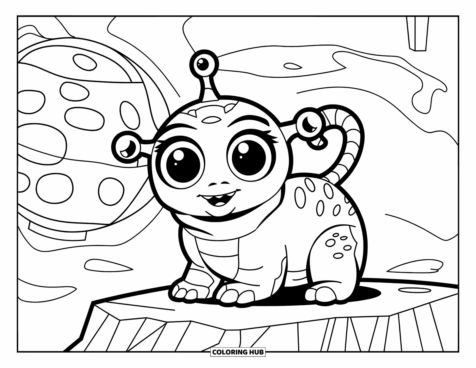 Desenho de alienígena para colorir para crianças: Alienígena de estimação brincalhão em uma rocha, com um grande objeto atrás
