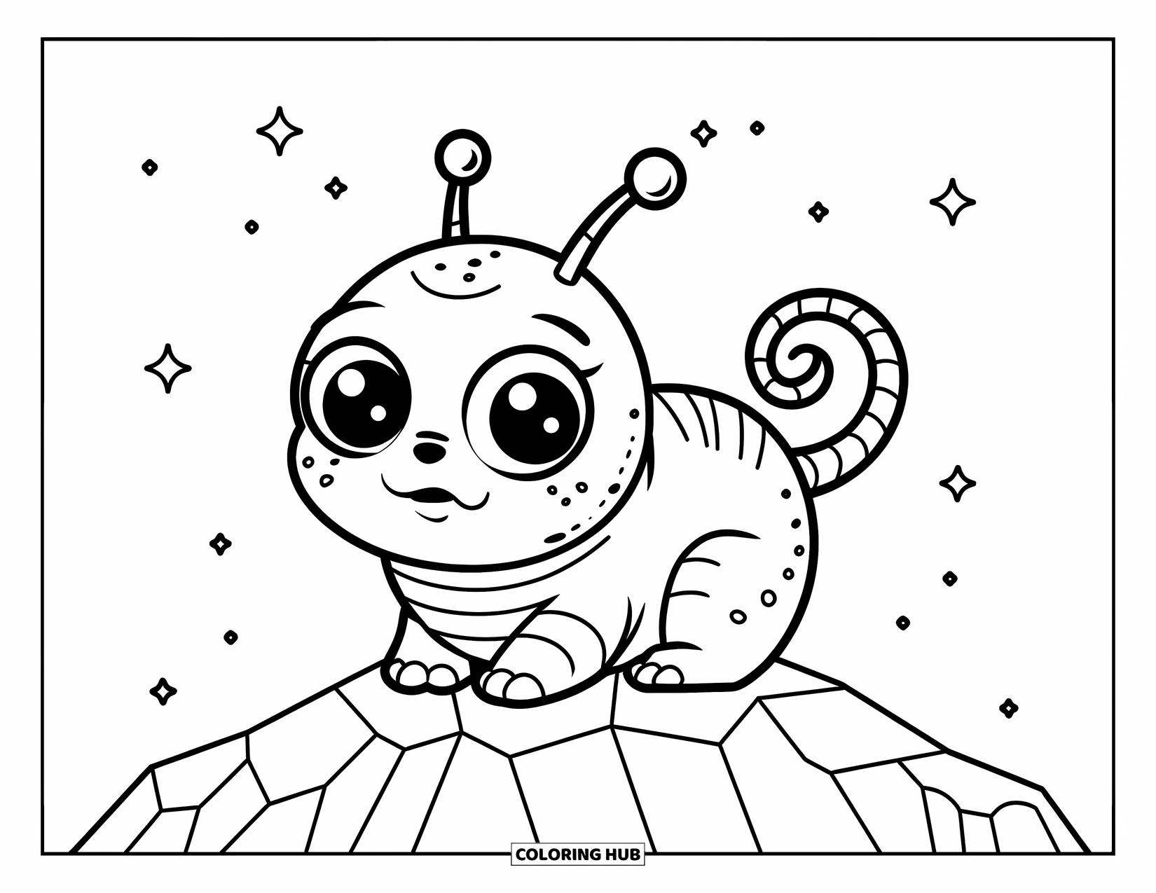 Desenho de alienígena para colorir para crianças: Alienígena de estimação redondo senta-se sob um céu estrelado, sorrindo com olhos grandes
