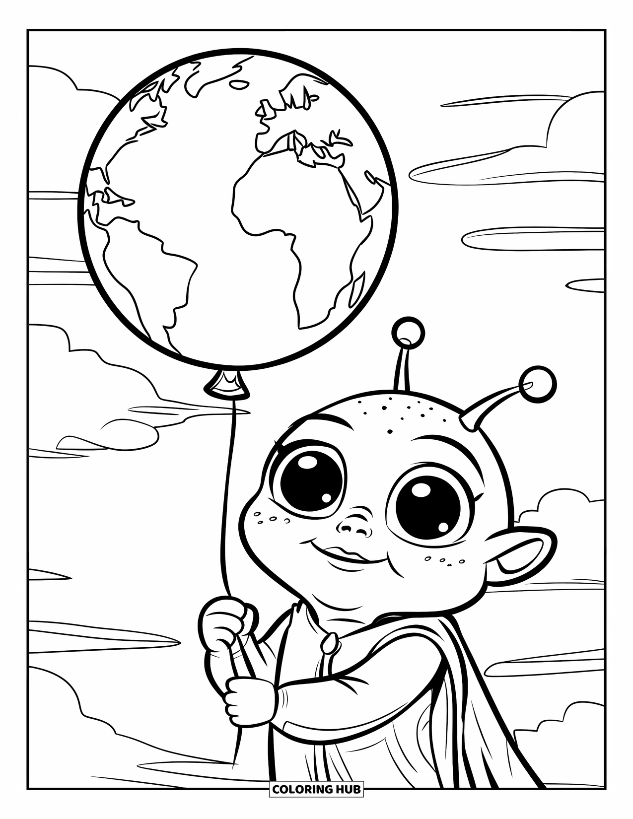 Desenho de alienígena para colorir para crianças: Alienígena de olhos redondos em uma roupa verde segura um balão de planeta com nuvens à deriva no céu