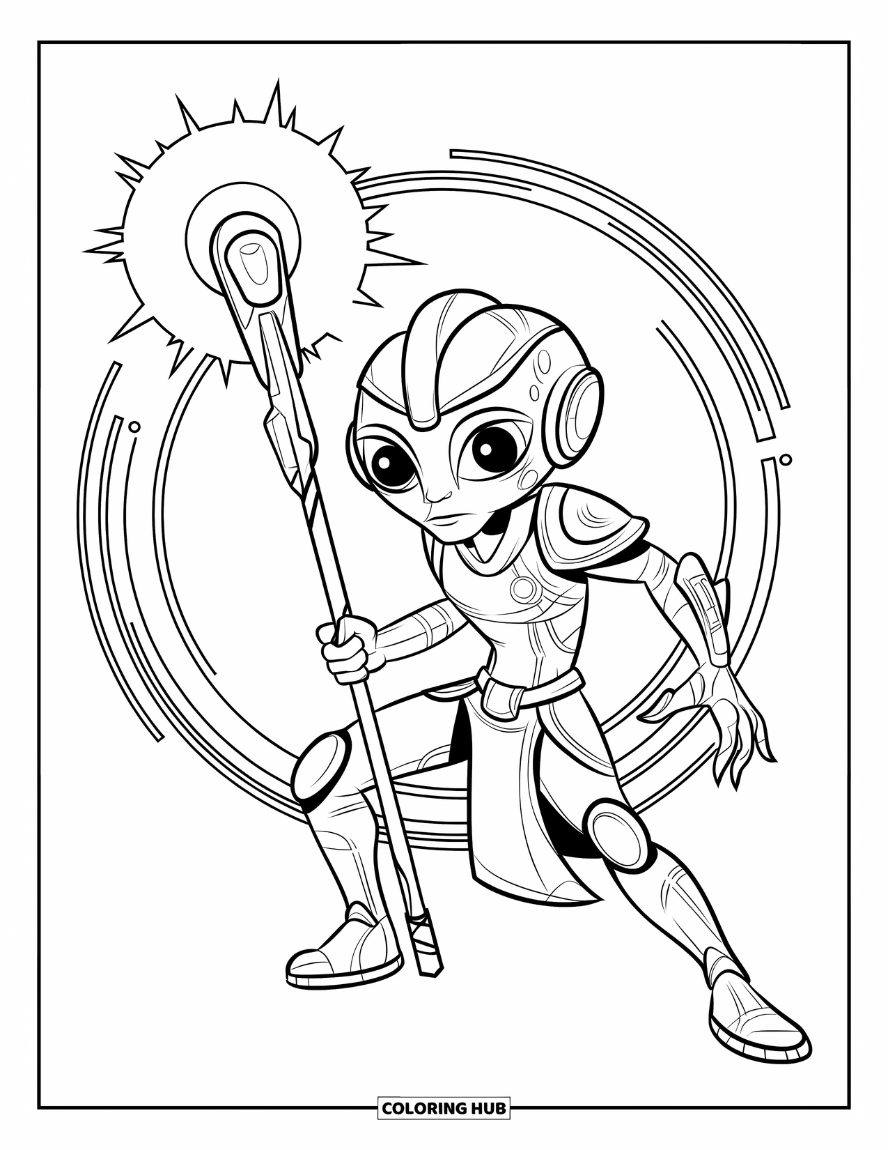Desenho de alienígena para colorir para crianças: Guerreiro alienígena de olhos aguçados segura um cajado brilhante em um fundo padronizado