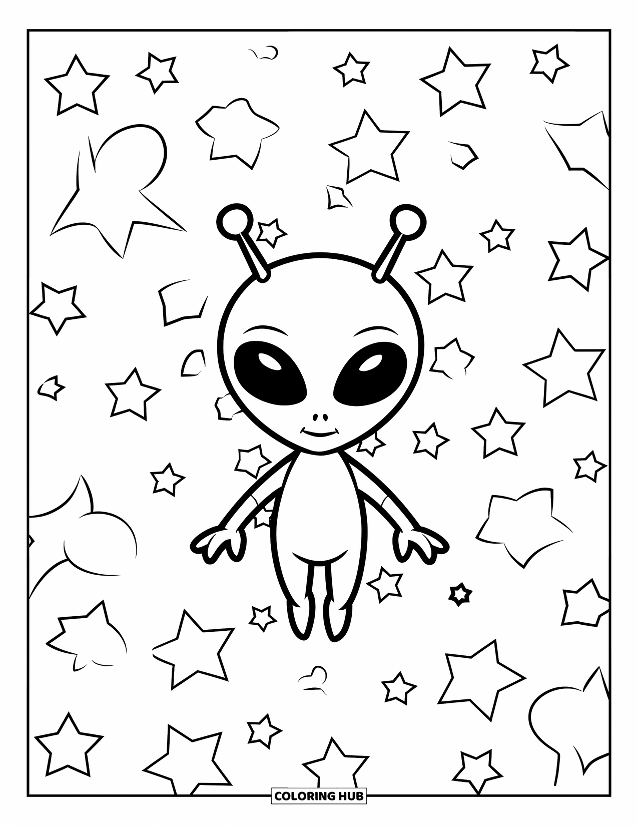 Desenho de alienígena para colorir para crianças: Alienígena simples com antenas flutua pacificamente entre as estrelas