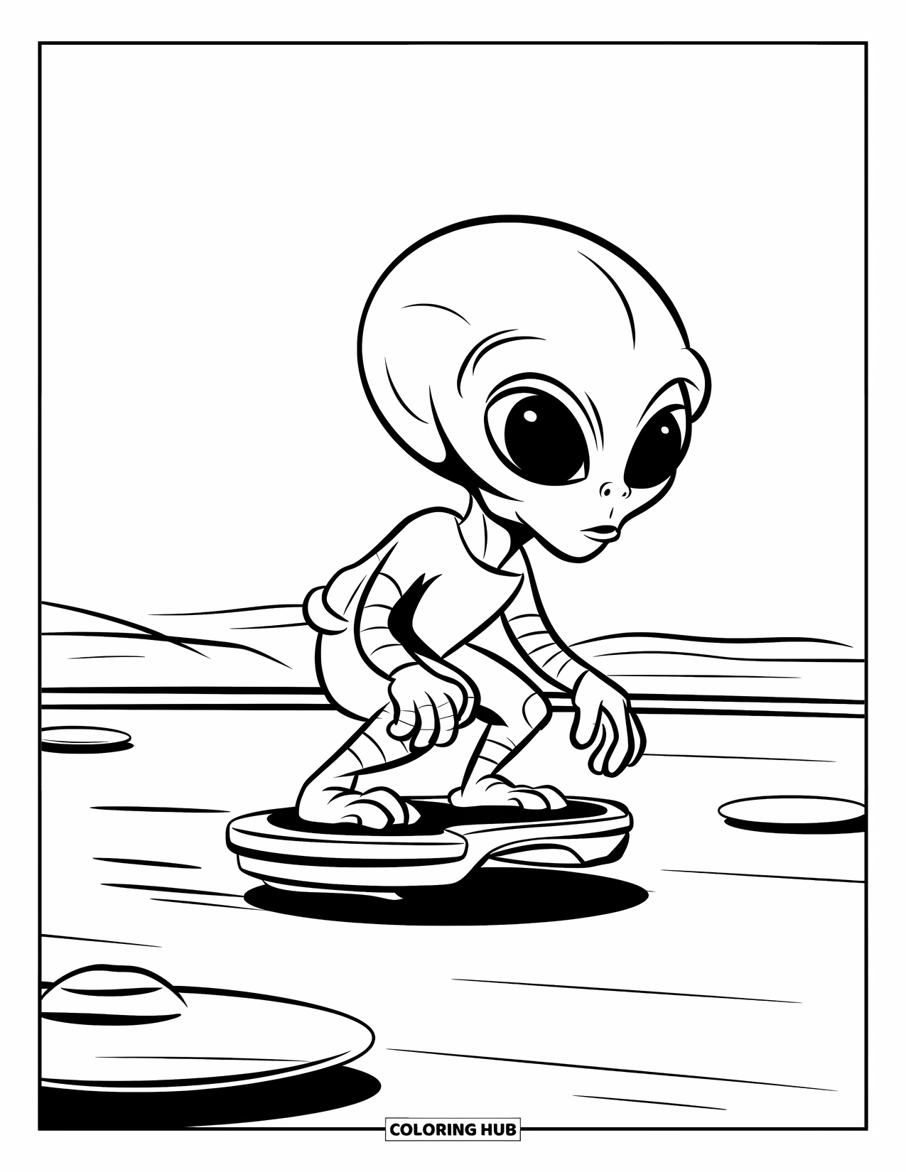 Desenho de alienígena para colorir para crianças: Pequeno alienígena em um hoverboard desliza por algumas rochas espalhadas