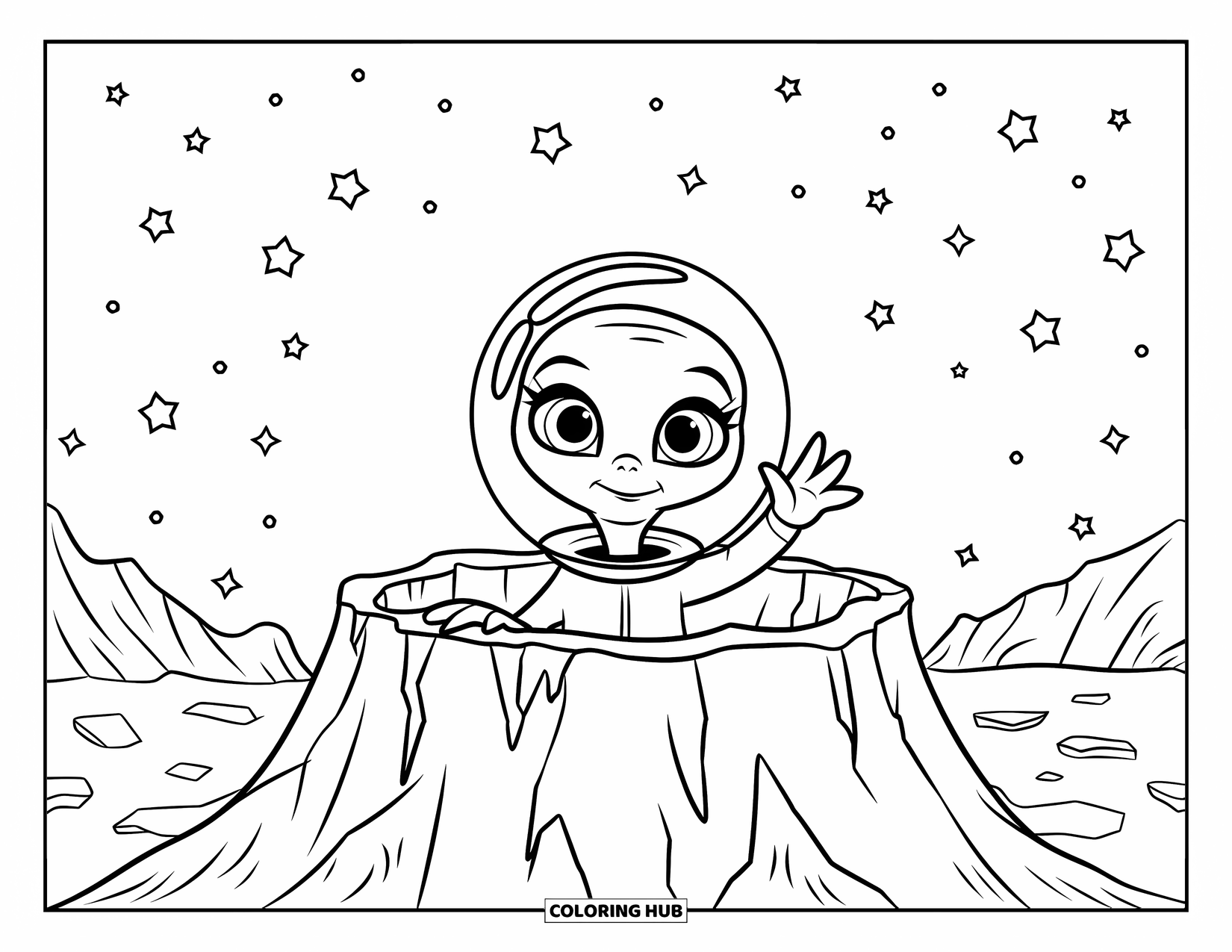 Desenho de alienígena para colorir para crianças: Pequeno alienígena sai de uma cratera e acena alegremente