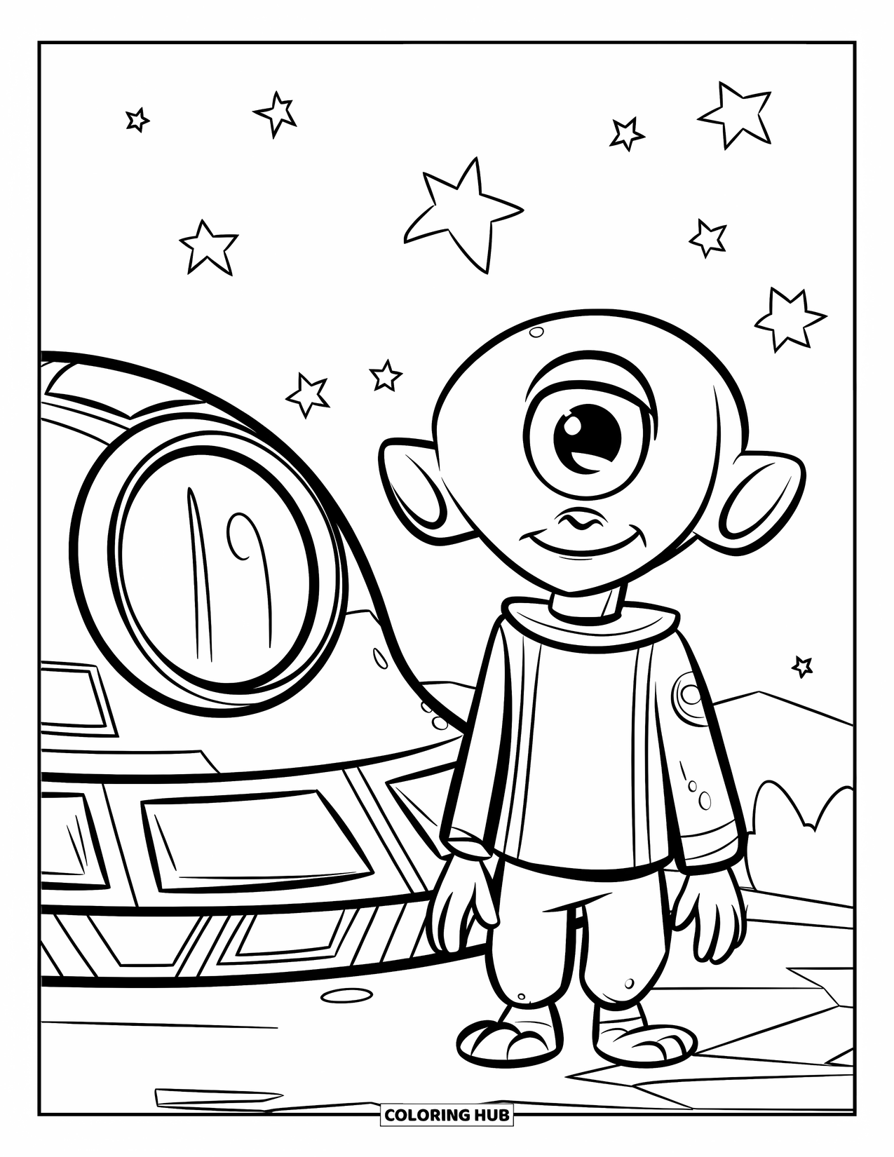 Desenho de alienígena para colorir para crianças: Alienígena sorridente de um olho em uma roupa verde está perto de uma nave espacial redonda sob um céu estrelado