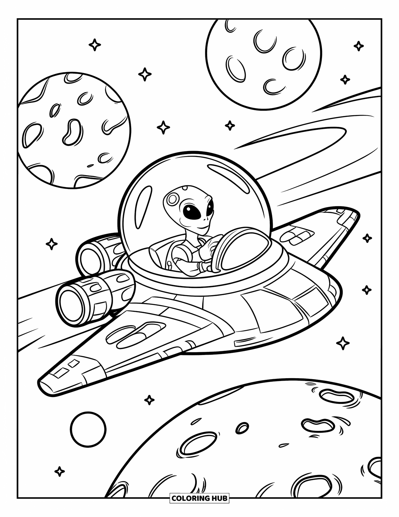 Desenho de alienígena para colorir para crianças: Nave espacial com uma janela de bolha passa por planetas craterados