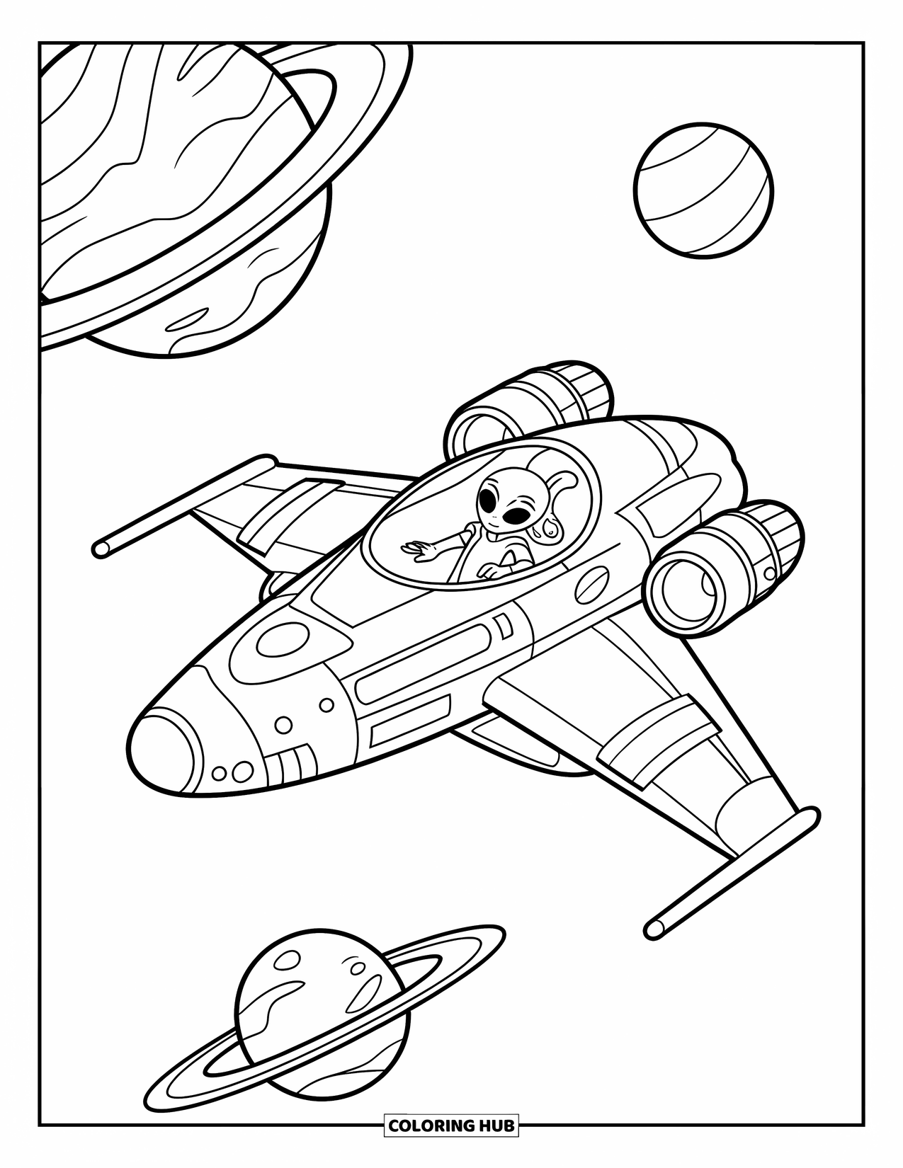 Desenho de alienígena para colorir para crianças: Nave espacial passa por planetas com um piloto alienígena dentro