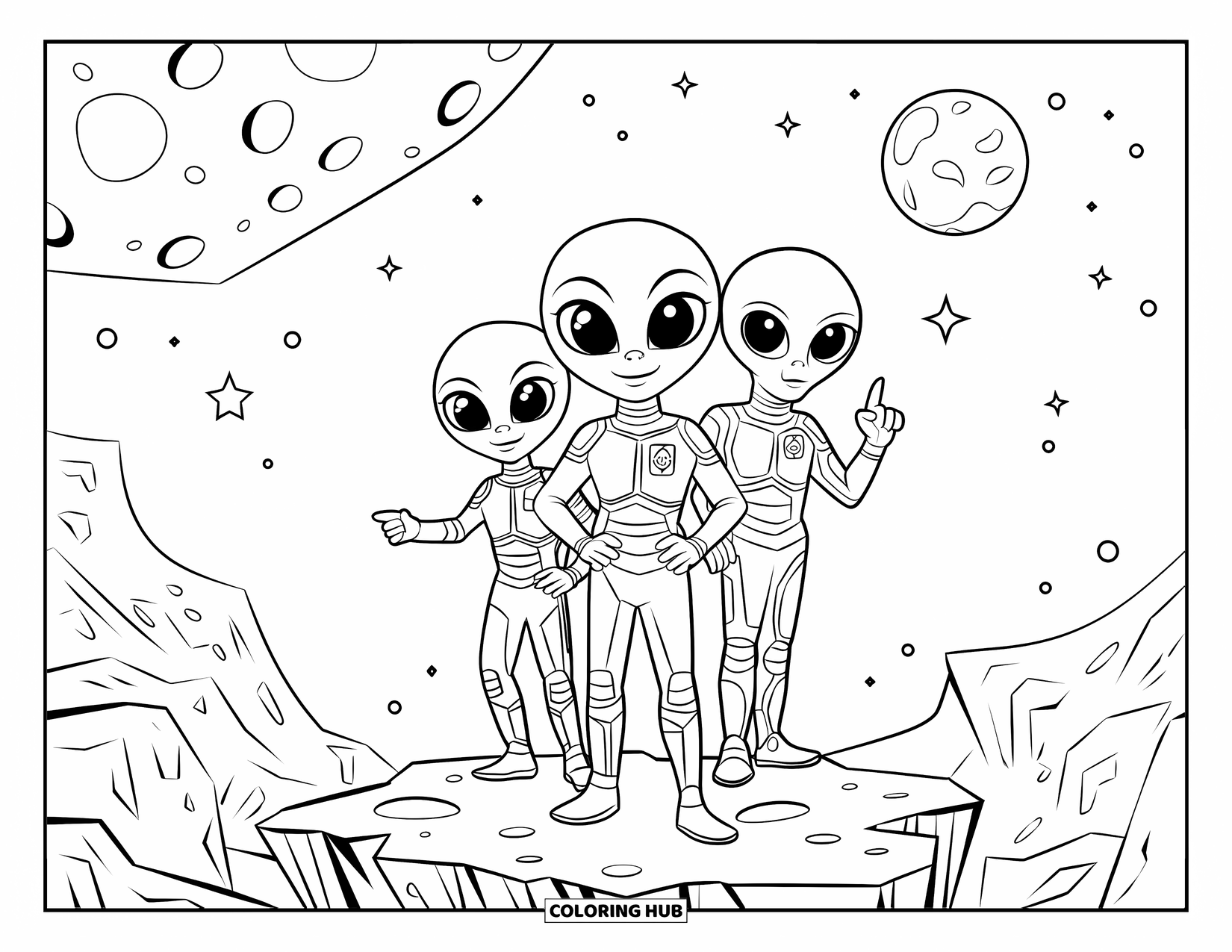 Desenho de alienígena para colorir para crianças: Três alienígenas estão de pé em um penhasco lunar craterado sob um céu estrelado