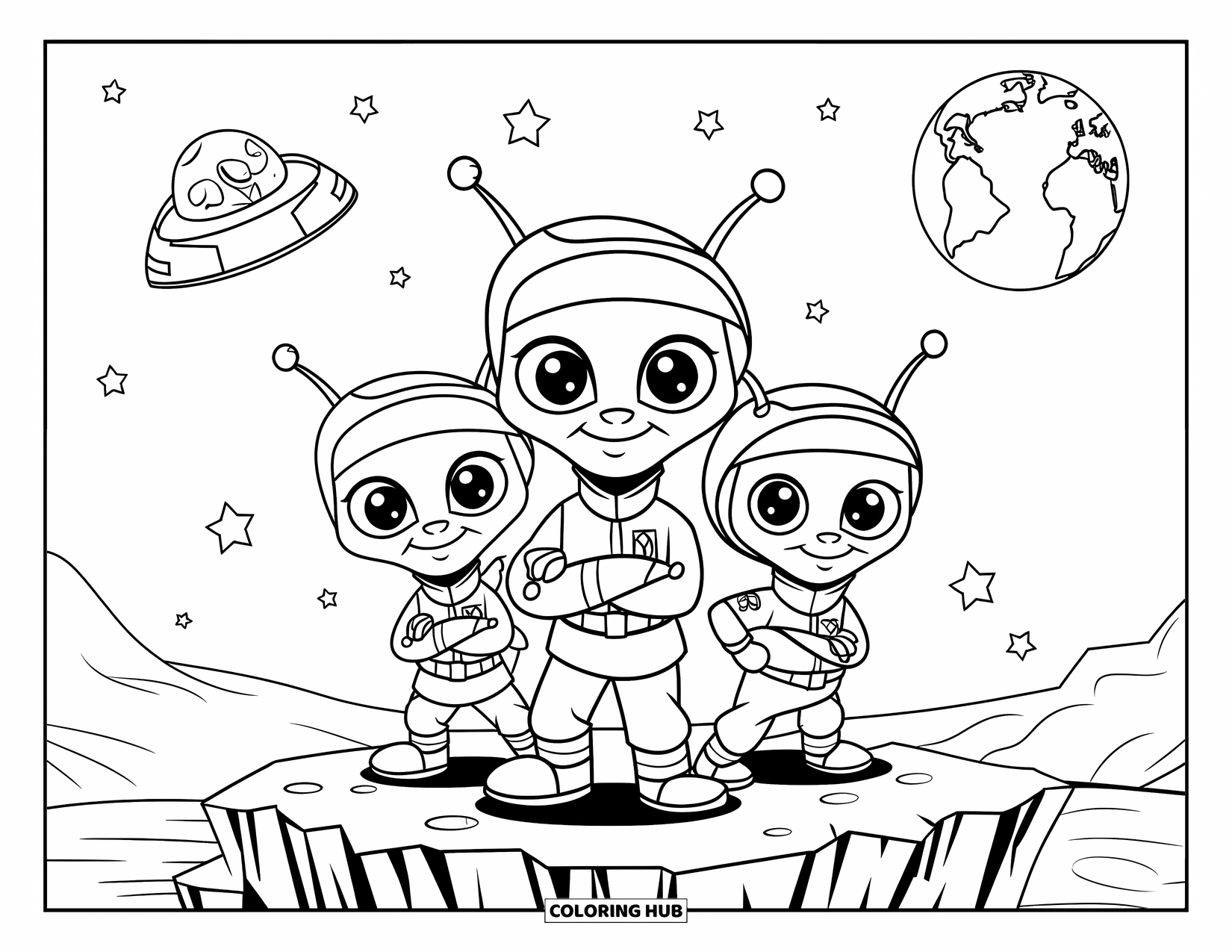 Desenho de alienígena para colorir para crianças: Três alienígenas uniformizados estão orgulhosamente em um penhasco com o espaço atrás deles