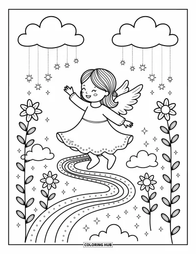 Dibujo de ángeles para colorear para adultos: Un ángel alegre baila en un camino arcoíris con flores en forma de estrella