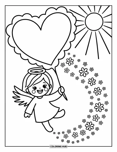 Dibujo de ángeles para colorear para adultos: Un ángel alegre mueve una nube en forma de corazón con estrellas y flores