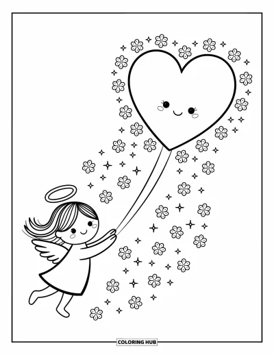 Dibujo de ángeles para colorear para adultos: Un ángel alegre empuja una nube en forma de corazón con estrellas centelleantes