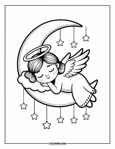 Dibujo de ángeles para colorear para adultos: Un ángel alegre esparce corazones brillantes que se transforman en flores