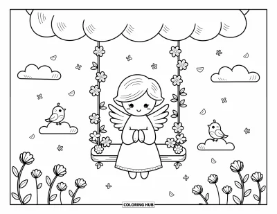 Dibujo de ángeles para colorear para adultos: Un ángel alegre se balancea en enredaderas de nubes con pequeños pájaros cantores