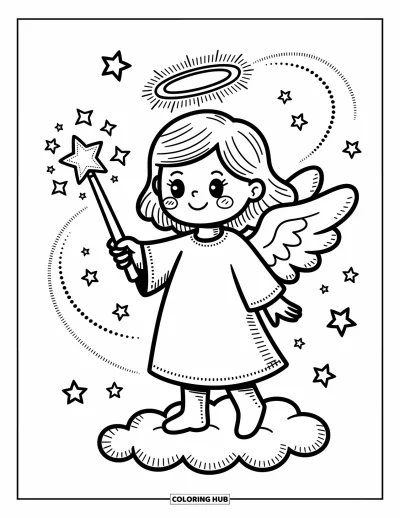 Dibujo de ángeles para colorear para adultos: Un ángel alegre agita una varita estrellada y hace brillar estrellas a su alrededor