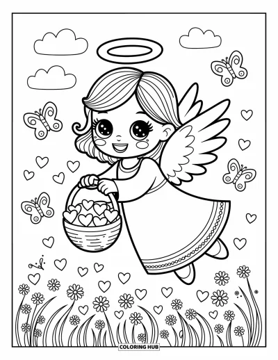 Dibujo de ángeles para colorear para adultos: Un ángel alegre con una varita estrellada envía destellos entre las nubes