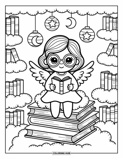 Dibujo de ángeles para colorear para adultos: Un ángel curioso lee sobre libros de nubes con faroles de estrellas brillantes