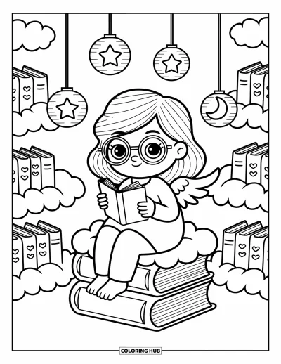 Dibujo de ángeles para colorear para adultos: Un ángel curioso con gafas lee sobre libros de nubes y faroles de estrellas brillantes