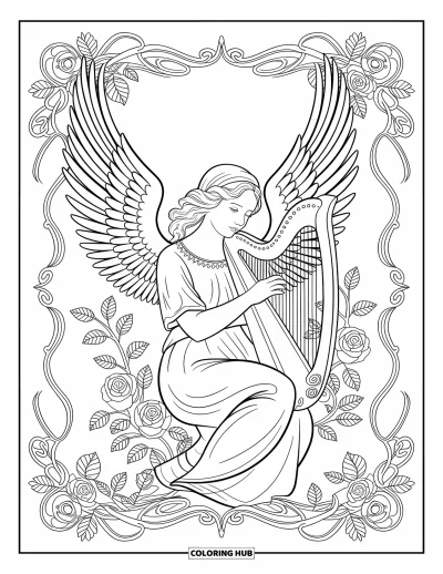 Dibujo de ángeles para colorear para adultos: Un ángel detallado con arpa, rodeado de enredaderas ornamentales y rosas
