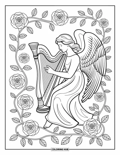 Dibujo de ángeles para colorear para adultos: Un ángel elegante tocando un arpa rodeado de rosas y enredaderas