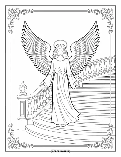 Dibujo de ángeles para colorear para adultos: Un ángel elegante con patrones intrincados en sus alas sobre una escalera