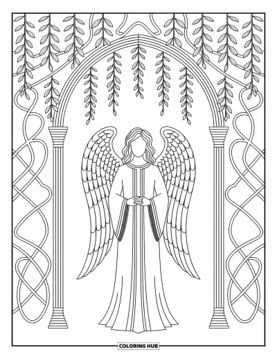 Dibujo de ángeles para colorear para adultos: Un ángel guardián con espada y escudo decorado con nudos celtas