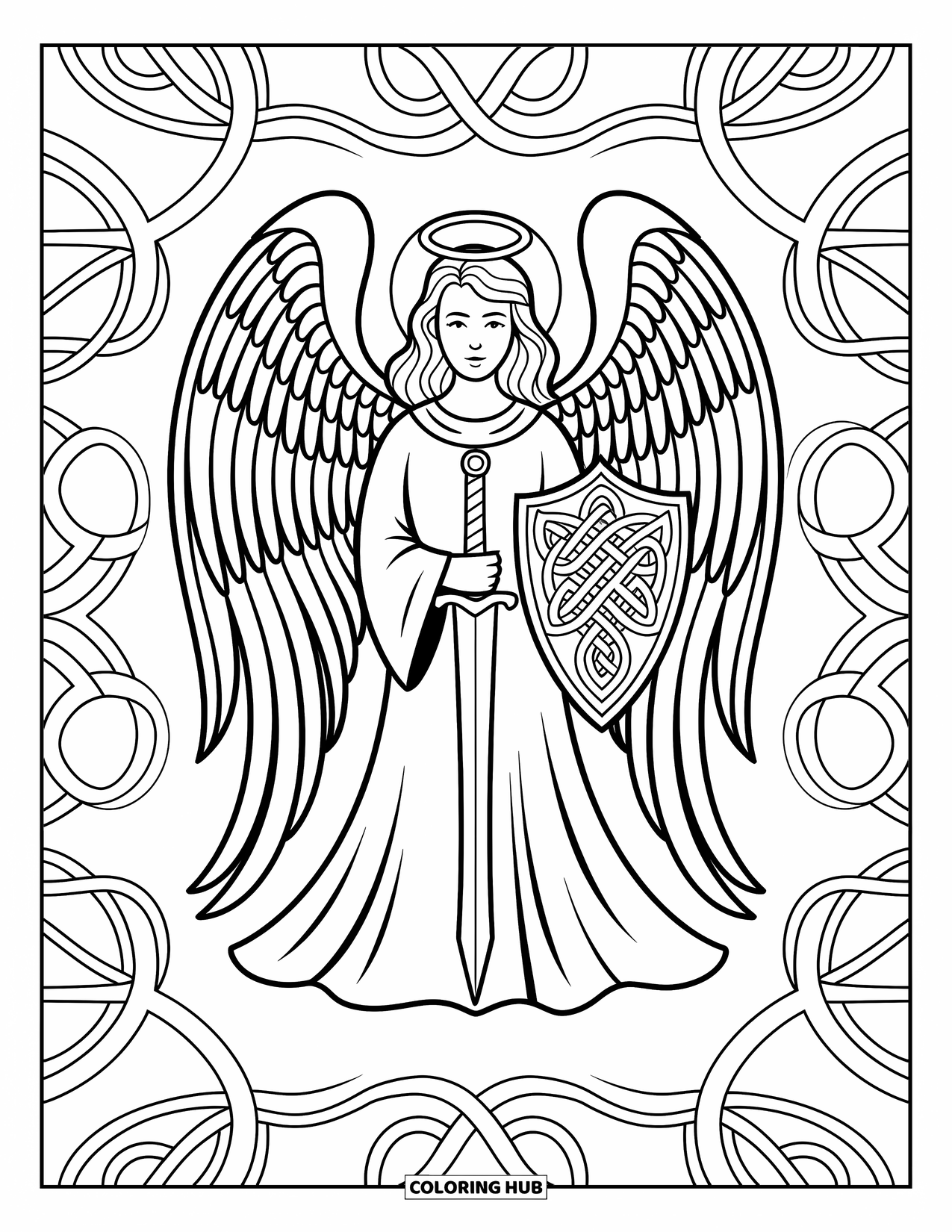 Angel Coloring Page for Adults: A guardian angel with Celtic knot armor and expansive wings