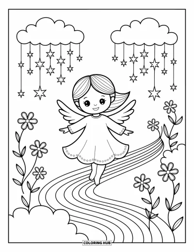 Dibujo de ángeles para colorear para adultos: Un ángel feliz gira en un camino arcoíris con flores estrelladas