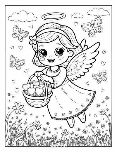 Dibujo de ángeles para colorear para adultos: Un ángel feliz esparce corazones brillantes que florecen en flores