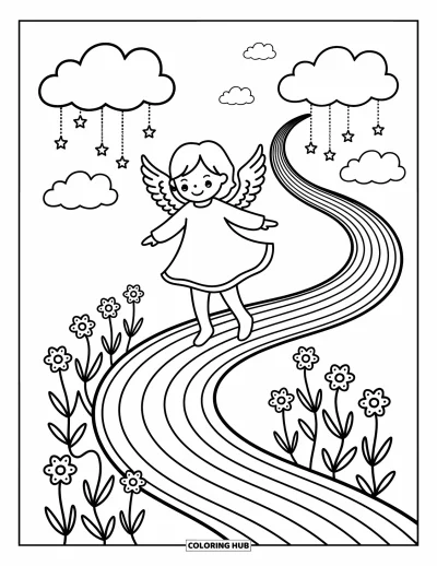 Dibujo de ángeles para colorear para adultos: Un ángel feliz gira en un camino arcoíris con flores estrelladas