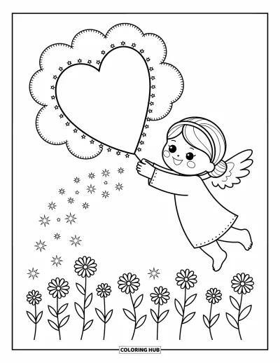 Dibujo de ángeles para colorear para adultos: Un ángel juguetón guía una nube en forma de corazón con flores y estrellas