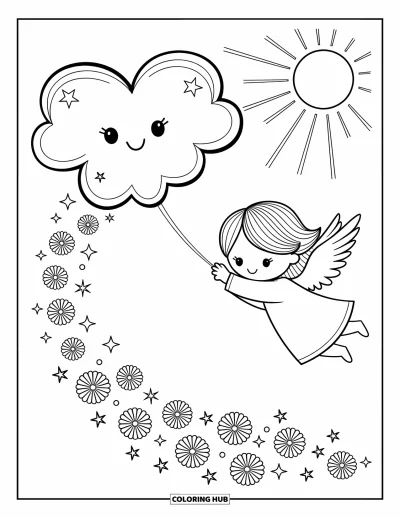 Dibujo de ángeles para colorear para adultos: Un ángel juguetón empuja una nube en forma de corazón con estrellas y flores