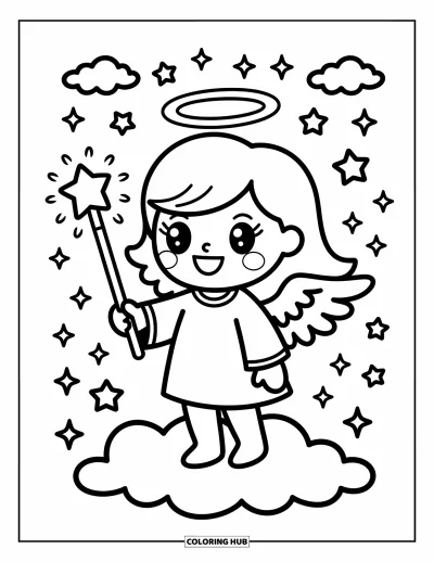 Dibujo de ángeles para colorear para adultos: Un ángel juguetón con una varita estrellada hace brillar estrellas sobre una nube