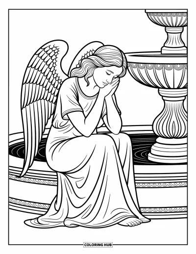 Dibujo de ángeles para colorear para adultos: Un ángel triste con alas plegadas se sienta junto a una fuente
